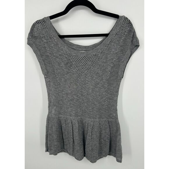 Y2K American Eagle Outfitters M Babydoll Gray Cap Sleeve Peplum Open Knit - Picture 1 of 7